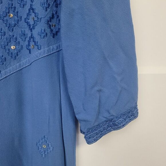 Soft Surroundings Blue V-Neck Embroidered Rayon Button Down Maxi Dress, LT - Picture 6 of 12